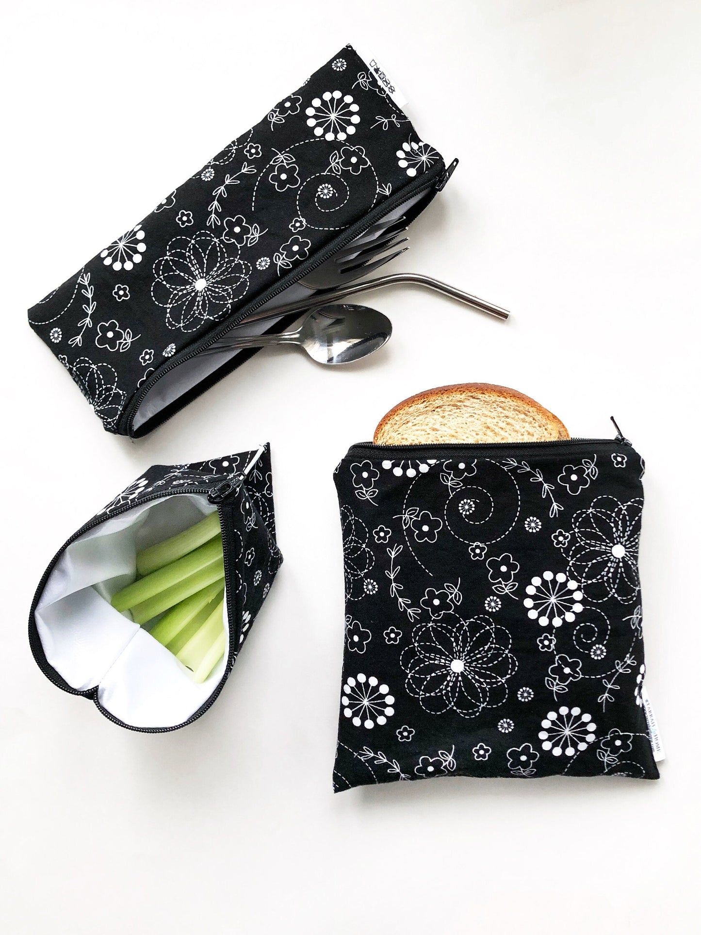 Bundle Flower Doodle Black Print Reusable Sandwich Bag